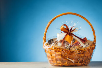 gift basket on blue background