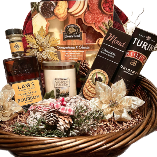 A gift basket with alcohol and snacks