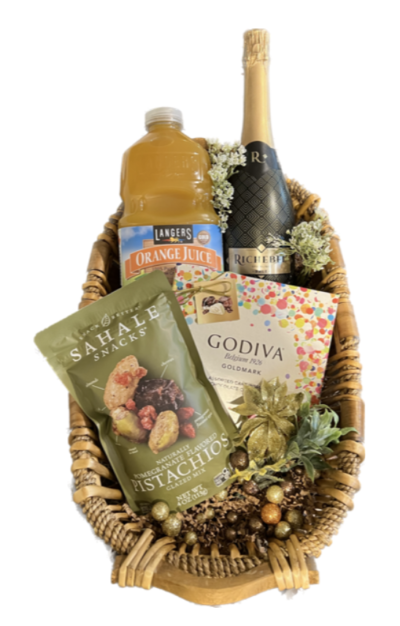 Mimosa Gift Basket with Godiva chocolate and pistachios
