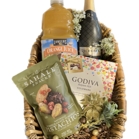 Mimosa Gift Basket with Godiva chocolate and pistachios